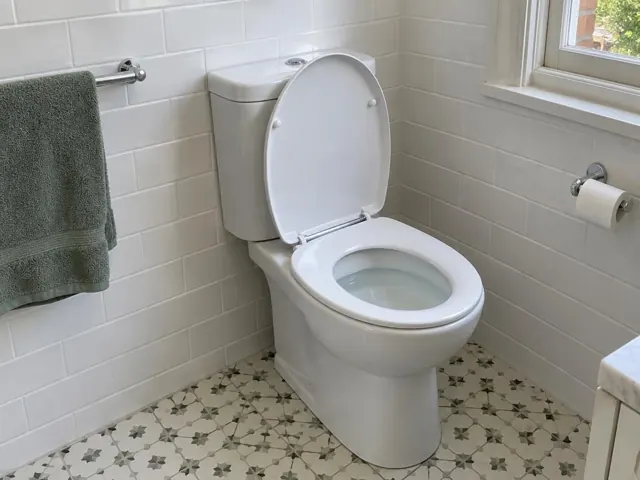 Clean white toilet in a tiled bathroom with patterned floor and towel rail in Rose Bay