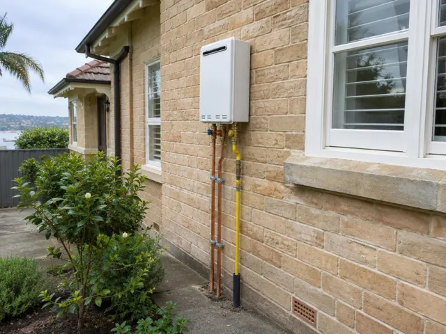 Wall mounted hot water unit and copper pipework on a brick exterior wall in Rose Bay